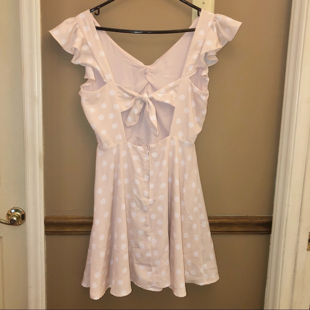 GB Gianni Bini‎ Ruffle Flutter Sleeve Tie Polka Dot Mini Dress Pink White Medium - Picture 4 of 6